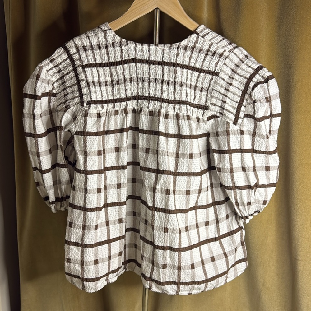 Brown Grid Print Puff Sleeve Woven Top in Excellent Preloved Condition Size L - Picture 2 of 9